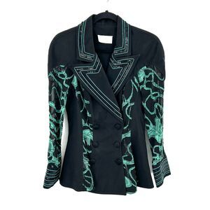CACHE Vintage Green Black Sequin Embroidered Sheer Sleeve Blazer Jacket Small